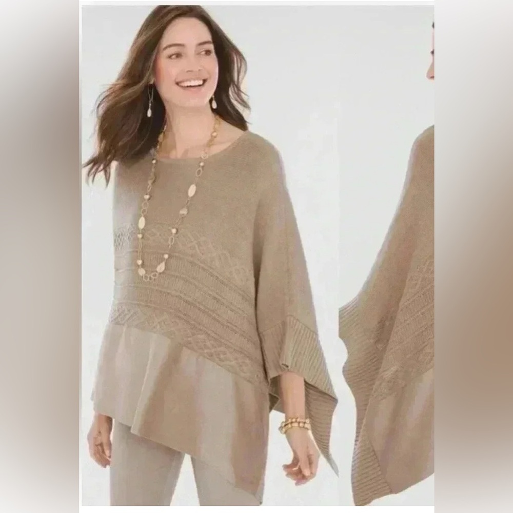 Chico’s sueded trim knit poncho tan brown asymmetrical  L/XL travel nursing